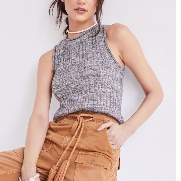 Anthropologie Tops - ANTHROPOLOGIE Pilcro Knit High Neck Ribbed Cotton Silk Blend Marled Gray Tank